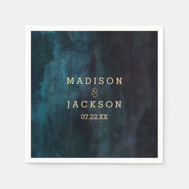 Navy Blue Watercolor & Gold Monogram Wedding Napkin (Front)