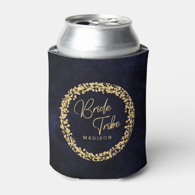 Navy Blue Watercolor & Gold Wedding Bride Tribe Can Cooler (Can Front)