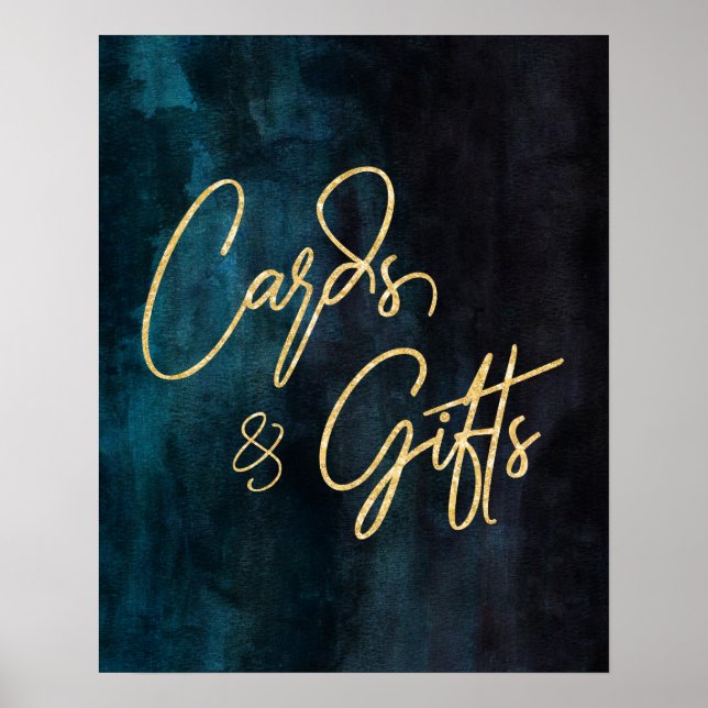 Navy Blue Watercolor & Gold Wedding Cards & Gifts Poster (Front)
