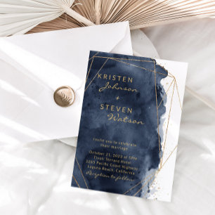 Navy Blue Watercolor & Gold Wedding Invitation