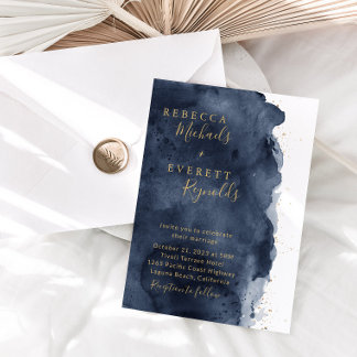 Navy Blue Watercolor & Gold Wedding Invitation