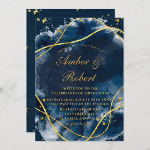 Navy Blue Watercolor Gold Wedding Invitations