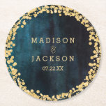 Navy Blue Watercolor & Gold Wedding Monogram Round Paper Coaster<br><div class="desc">Navy Blue & Teal Watercolor & Gold Glam Confetti Perfect for Fall or Winter Wedding Coasters With trendy Hand Lettered Script font! ~ Check my shop to see the entire wedding collection with this design!</div>