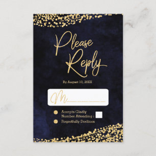 Navy Blue Watercolor & Gold Wedding Reply RSVP