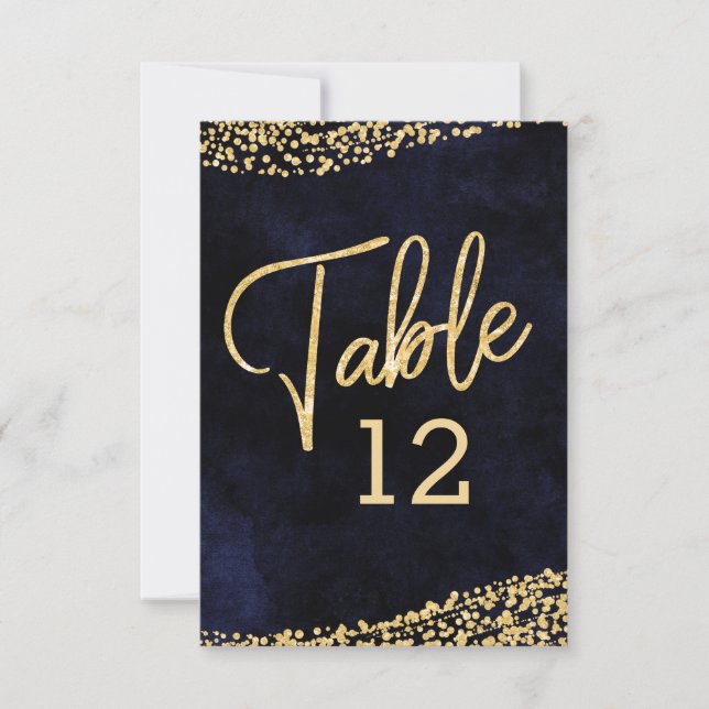 Navy Blue Watercolor & Gold Wedding Table Numbers (Front)