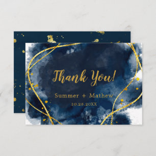 Navy Blue Watercolor Gold Wedding Thank You Cards