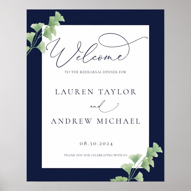 Navy Blue Watercolor Greenery Rehearsal Dinner Poster (Front)
