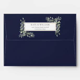 Navy Blue Watercolor Greenery Wedding Envelope