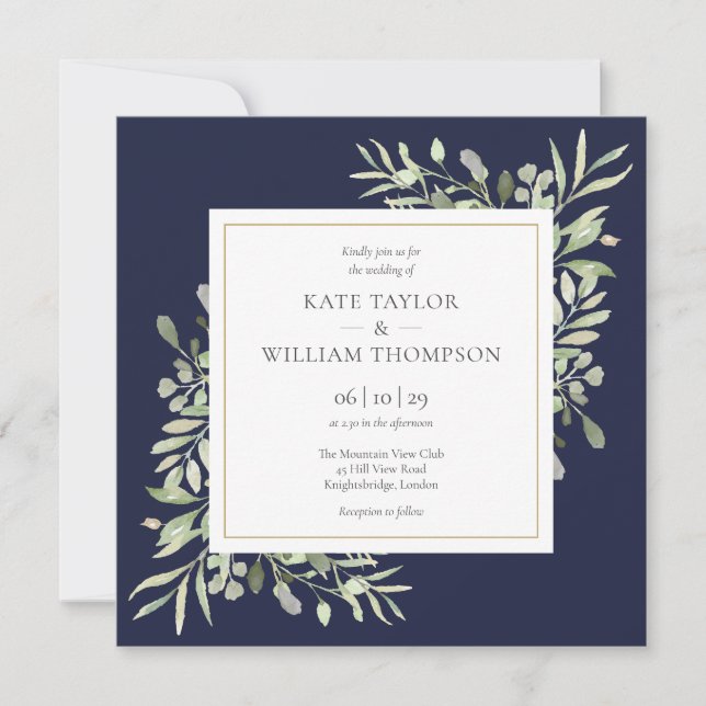Navy Blue Watercolor Greenery Wedding Invitation (Front)