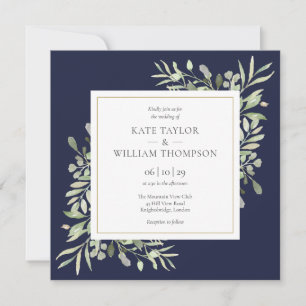 Navy Blue Watercolor Greenery Wedding Invitation