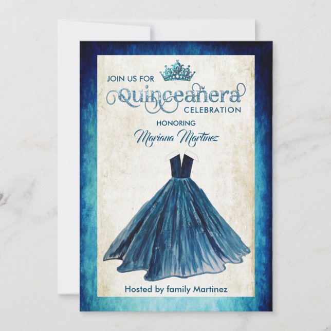 Navy blue Watercolor hand drawn ball dress Quince  Invitation (Front)