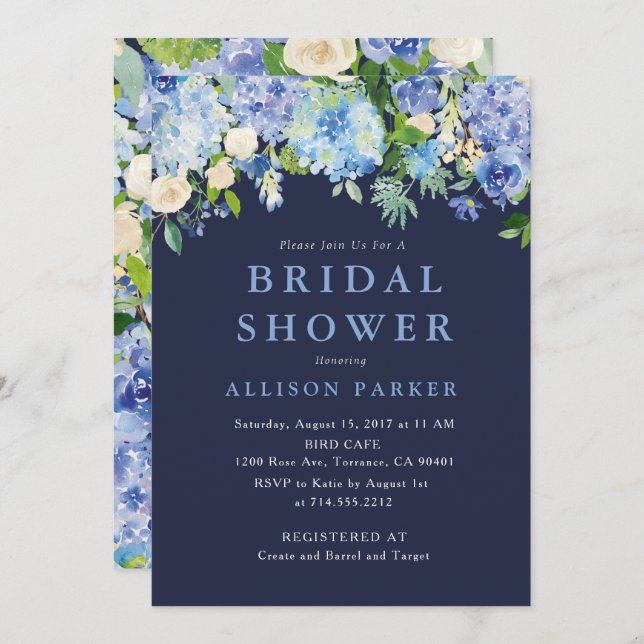 Navy Blue Watercolor hydrangea Bridal Shower Invitation (Front/Back)