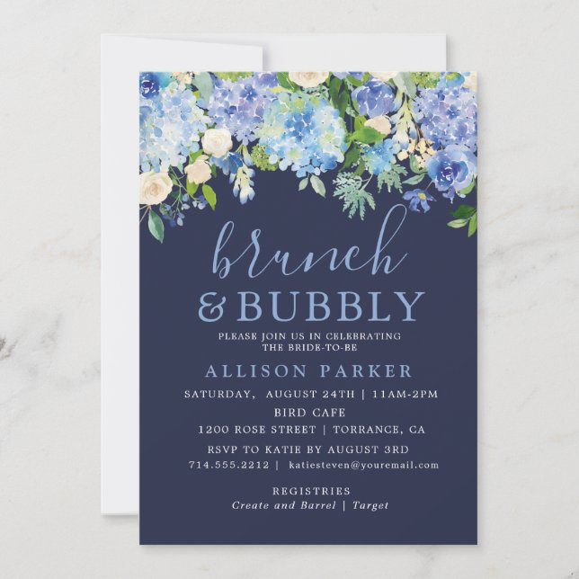 Navy Blue Watercolor Hydrangea Brunch & Bubbly Invitation (Front)