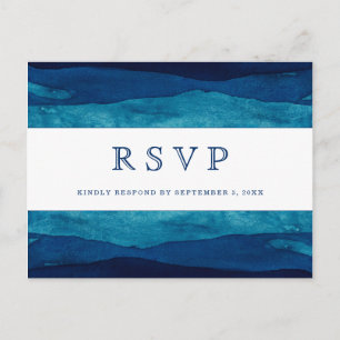 Navy Blue Watercolor Minimalist Wedding RSVP Postcard