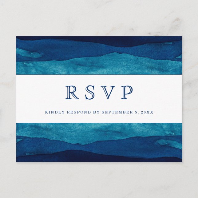 Navy Blue Watercolor Minimalist Wedding RSVP Postcard (Front)