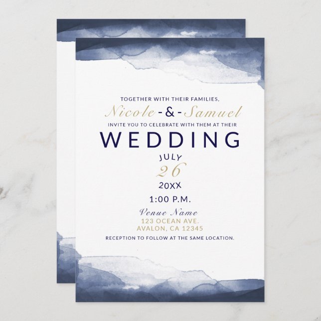 Navy Blue Watercolor Modern Chic Wedding Invitation (Front/Back)