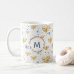 Navy Blue Watercolor Monogram   Hanukkah Pattern Coffee Mug<br><div class="desc">This Festival of Lights / Hanukkah design features a navy blue watercolor monogram in a circle bordered by a wreath with matching navy blue and gold flowers. The background pattern of menorah and Star of David is set on pearl grey / smoke white. The background may be changed to any...</div>