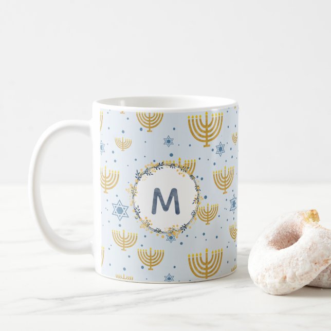 Navy Blue Watercolor Monogram + Hanukkah Pattern Coffee Mug (With Donut)