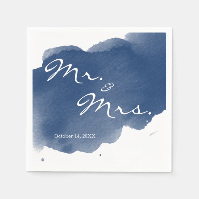 Navy Blue Watercolor Mr Mrs Cocktail Party Napkin (Front)