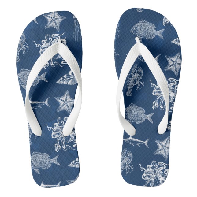 Navy Blue Watercolor Ocean Marine Animals  Jandals (Footbed)