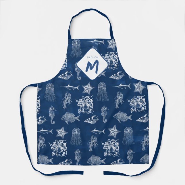 Navy Blue Watercolor Ocean Marine Animals Monogram Apron (Front)
