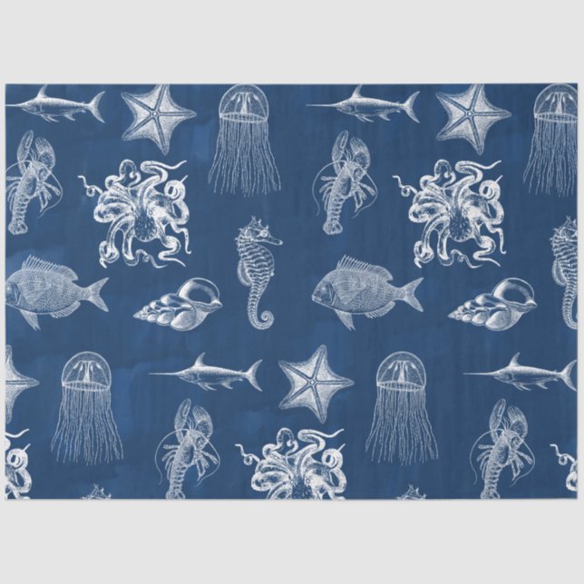 Navy Blue Watercolor Ocean Marine Animals Tissue Paper (Front)