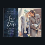 Navy Blue Watercolor Photo Save the Date Announcement Postcard<br><div class="desc">Elegant and modern save the date postcard for your navy blue wedding! The background is done in beautiful watercolor. You can add your own engagement photo. Add your wedding date, city & state, website etc. The texts are easily customisable online. Customisation made easy with texts on both back and front...</div>