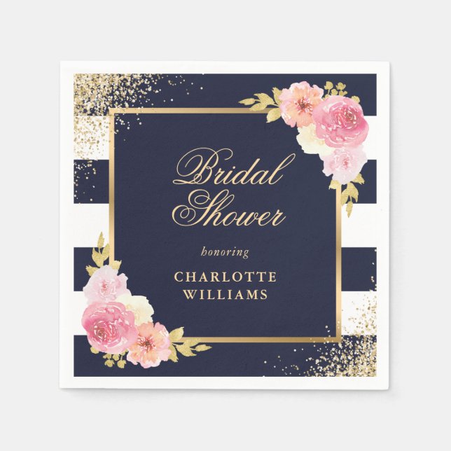 Navy Blue Watercolor Pink Floral Bridal Shower Napkin (Front)