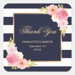 Navy Blue Watercolor Pink Floral Wedding Thank You Square Sticker