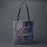 Navy Blue Watercolor & Rose Gold Maid of Honour Tote Bag<br><div class="desc">Navy Blue Watercolor & Rose Gold Faux Foil Lettering Perfect for Fall or Winter Wedding Monogram Maid of Honour tote bags With trendy Hand Lettered Script font! ~ Check my shop to see the entire wedding collection with this design!</div>