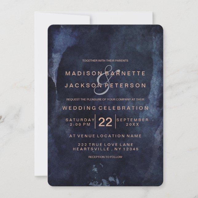 Navy Blue Watercolor Rose Gold Wedding Invitations (Front)