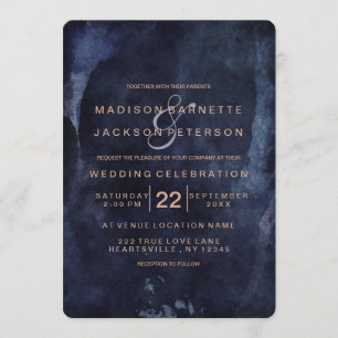 Navy Blue Watercolor Rose Gold Wedding Invitations
