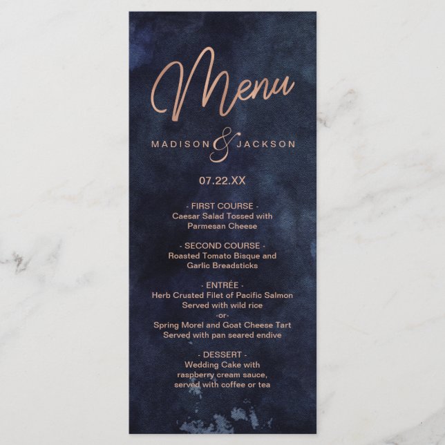 Navy Blue Watercolor & Rose Gold Wedding Menu (Front)