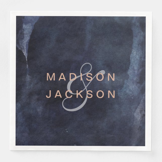 Navy Blue Watercolor & Rose Gold Wedding Monogram Napkin (Front)