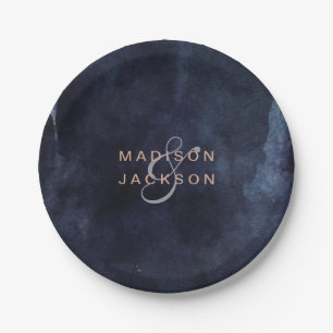 Navy Blue Watercolor & Rose Gold Wedding Monogram Paper Plate