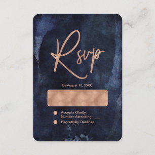 Navy Blue Watercolor & Rose Gold Wedding RSVP Card