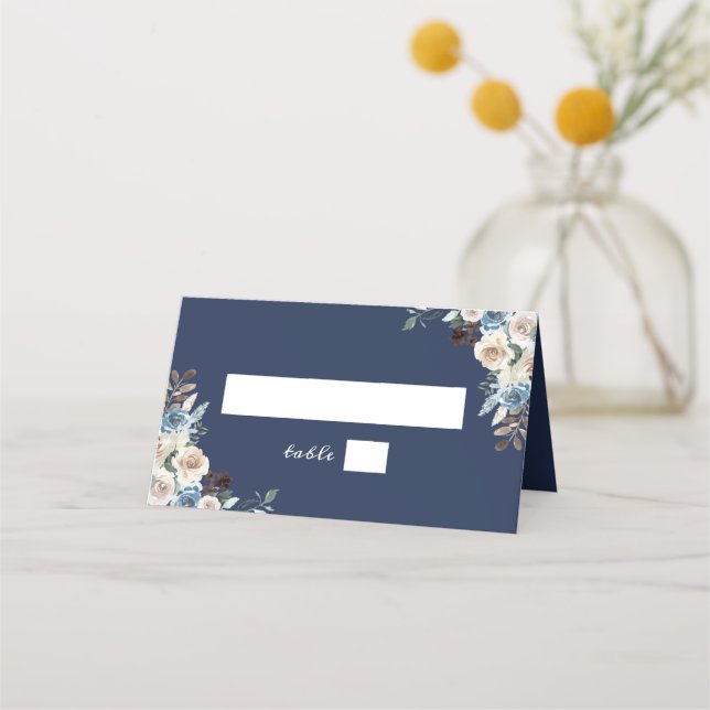 Navy Blue Watercolor Rustic Floral Wedding Place Card (Front)