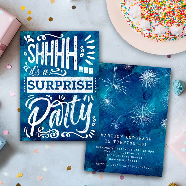 Navy Blue Watercolor Shh Surprise Birthday Party Invitation (Creator Uploaded)