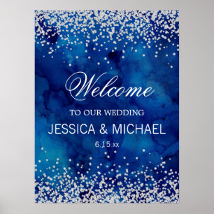 Navy Blue Watercolor Silver Glitter Wedding Poster