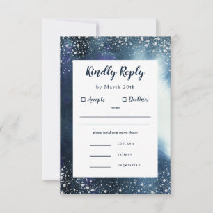 Navy Blue Watercolor Silver RSVP with meal choice Card