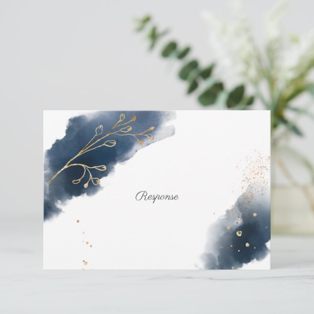 Navy Blue Watercolor Splashes Gold Splatters RSVP Card (Standing Front)