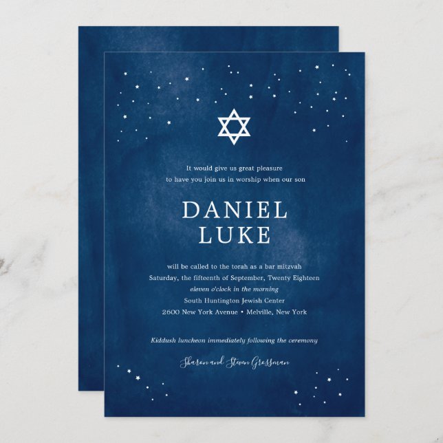Navy Blue Watercolor Starry Night Bar Mitzvah Invitation (Front/Back)