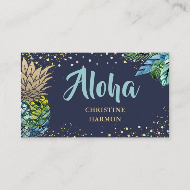 Navy Blue Watercolor Tropical Pineapple Beach Business Card (Front)