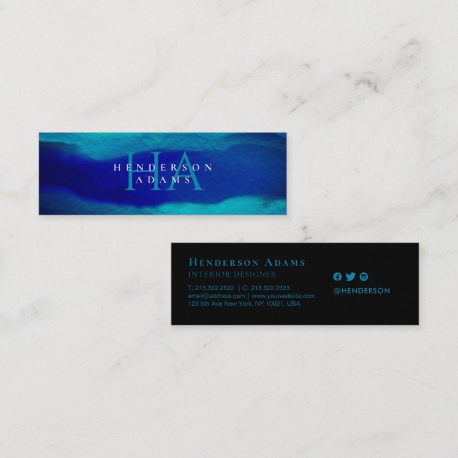 Navy Blue Watercolor Wavy Abstract Monogram Mini Business Card (Front/Back)