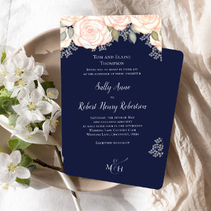 Navy Blue Watercolor Wedding Blush Floral Invitation