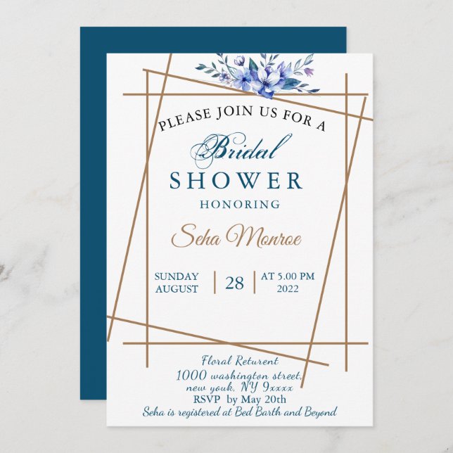 Navy blue watercolor wet floral bridal showeer invitation (Front/Back)