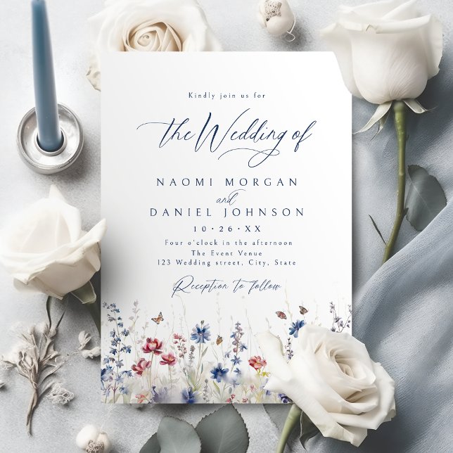 Navy Blue Watercolor Wildflower Field Wedding Invitation (Navy Blue Watercolor Wildflower Field Wedding Invitation)