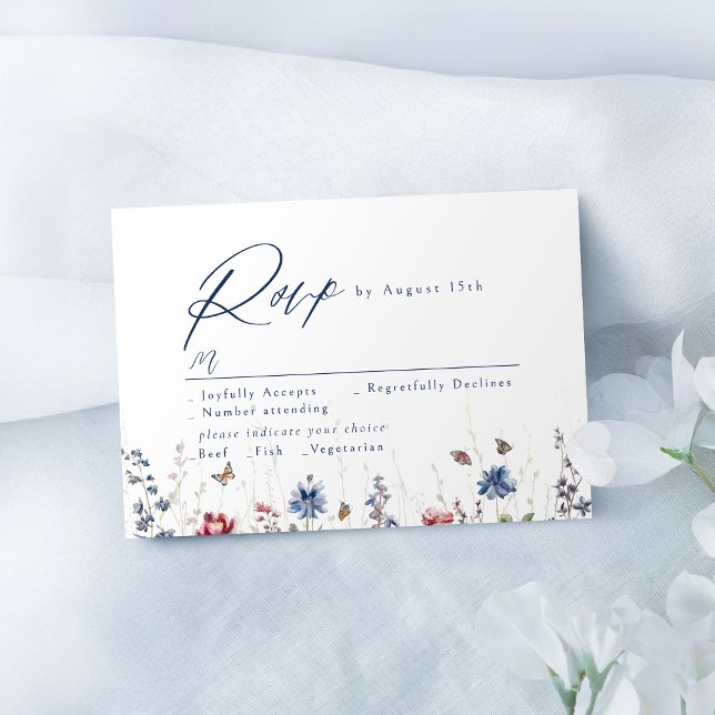 Navy Blue Watercolor Wildflower Rustic Wedding RSVP Card (Navy Blue Watercolor Wildflower Rustic Wedding RSVP Card)