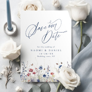 Navy Blue Watercolor Wildflower Rustic Wedding Save The Date