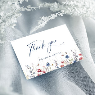 Navy Blue Watercolor Wildflower Rustic Wedding Thank You Card